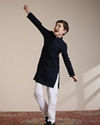 alt message - Manyavar Boys Boys Dark Blue Jaal Patterned Kurta Set image number 1